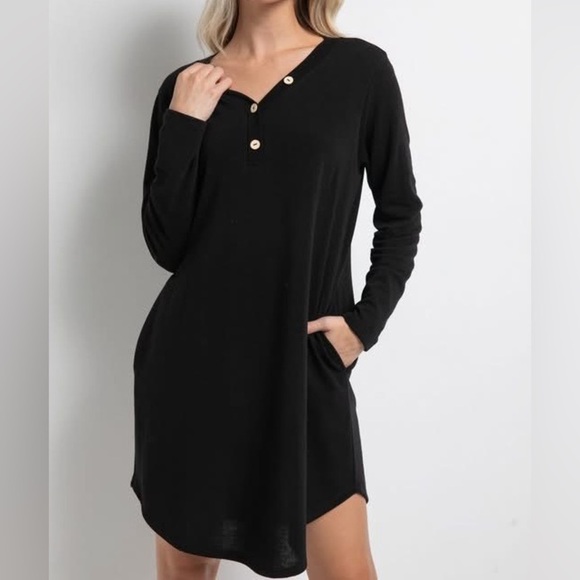 Cherish Dresses & Skirts - Chelsey Black Henley Style Long Sleeve T-Shirt Dress - Size M - NWT